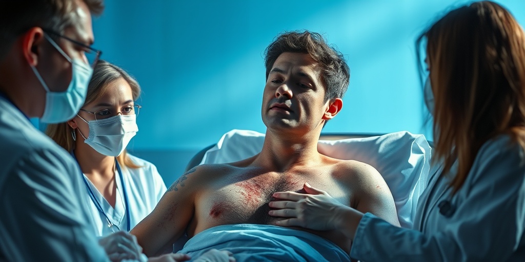 Patient in a clinical setting, surrounded by caring professionals, showcasing visible discomfort and skin lesions under soft lighting.  2.png