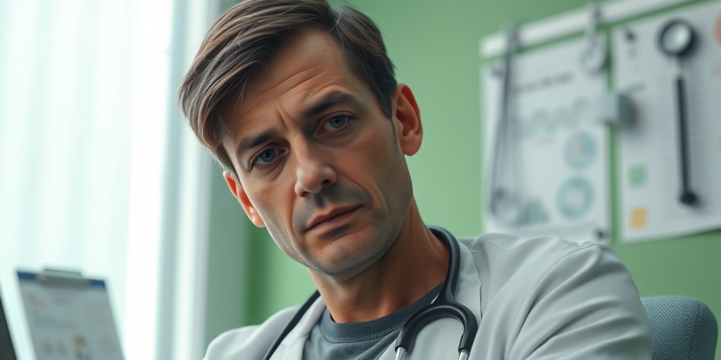 Patient in a doctor's office showing fatigue and pallor, surrounded by medical charts in a calming green environment.2.png