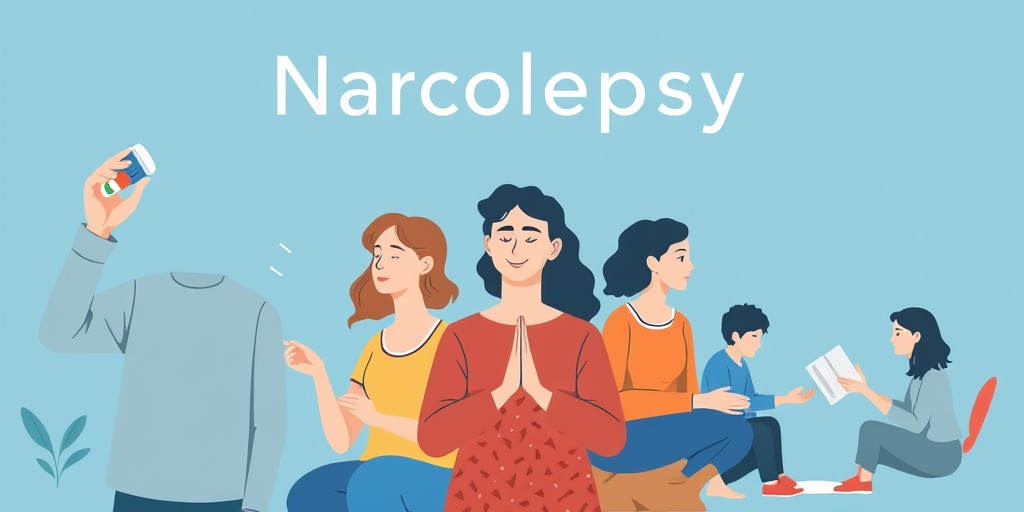 Representation of narcolepsy treatments, showing individuals taking medication, practicing mindfulness, and participating in support groups in a calming blue setting.  4.png