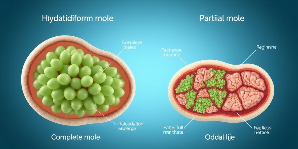 Side-by-side comparison of complete and partial hydatidiform moles, highlighting differences in tissue structure against a gentle blue backdrop.  2.png