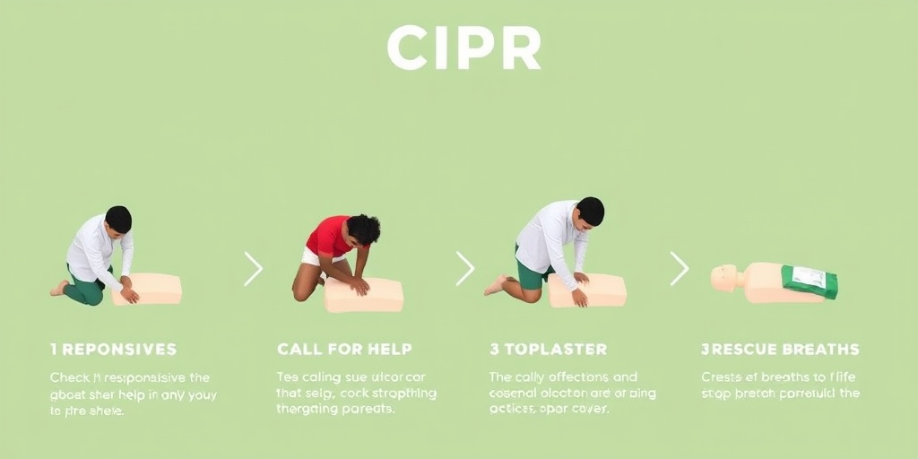 Step-by-step CPR guide showcases diverse individuals practicing critical techniques, promoting teamwork and urgency in a calming green setting.  3.png