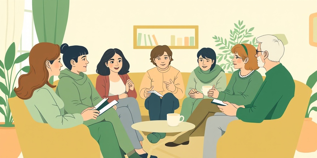 Supportive community scene of a narcoleptic support group, with individuals sharing experiences in a cozy, inviting atmosphere filled with warmth.  5.png