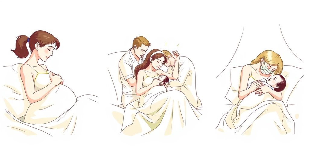 Three panels illustrate childbirth stages: early labor, active labor, and the newborn's first moments with the mother.  2.png