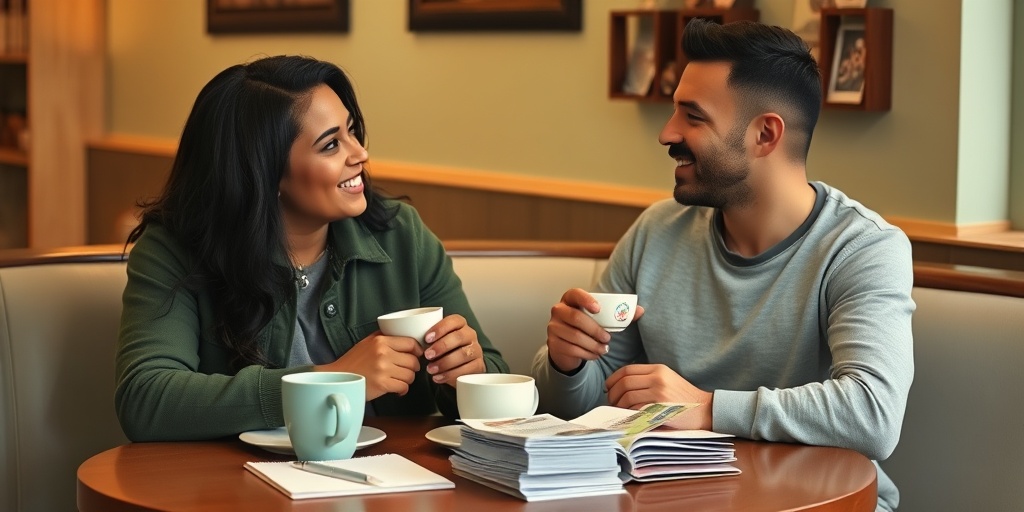 Two partners share a heartfelt conversation in a café, surrounded by coffee and educational pamphlets on safe sex.  4.png