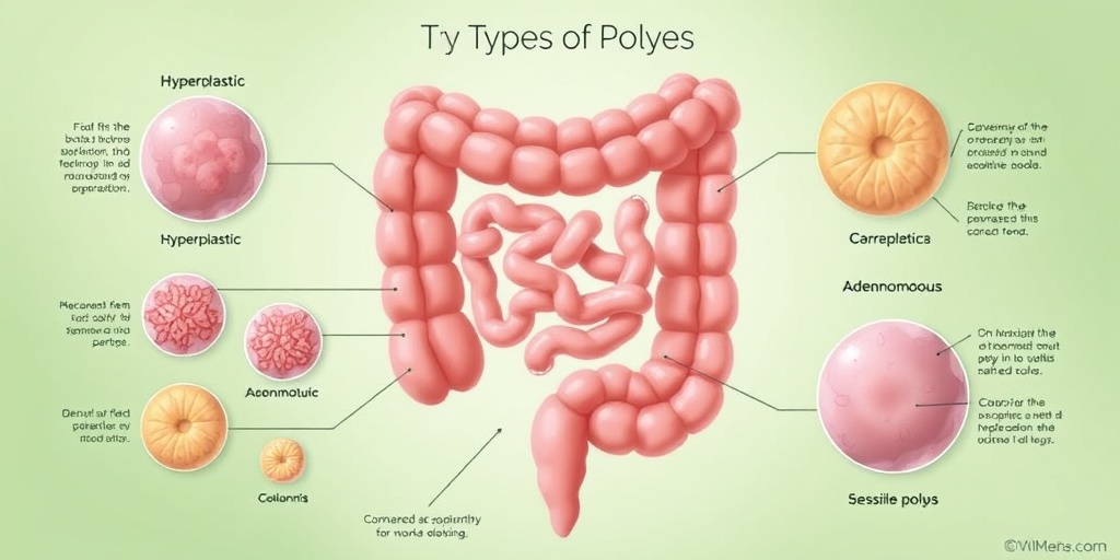 Various colon polyps illustrated with distinct characteristics, arranged harmoniously against a calming green backdrop.  2.png