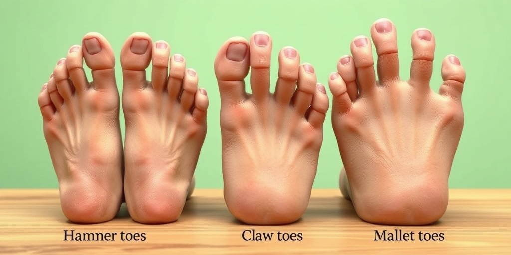 Various toe deformities displayed on a wooden surface, labeled elegantly, set against a soft green background for informative clarity.  3.png