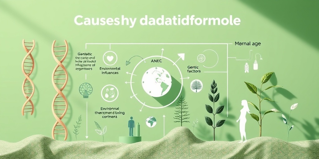 Visual representation of hydatidiform mole causes, featuring DNA strands and environmental elements in a soothing green setting.  3.png