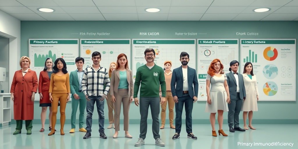 A 3D render shows individuals representing risk factors for Primary Immunodeficiency in a modern healthcare setting. 3.png