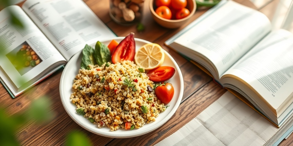 A beautifully arranged low-protein meal showcases healthy eating for PKU, with a recipe book open beside it on a wooden table.  4.png