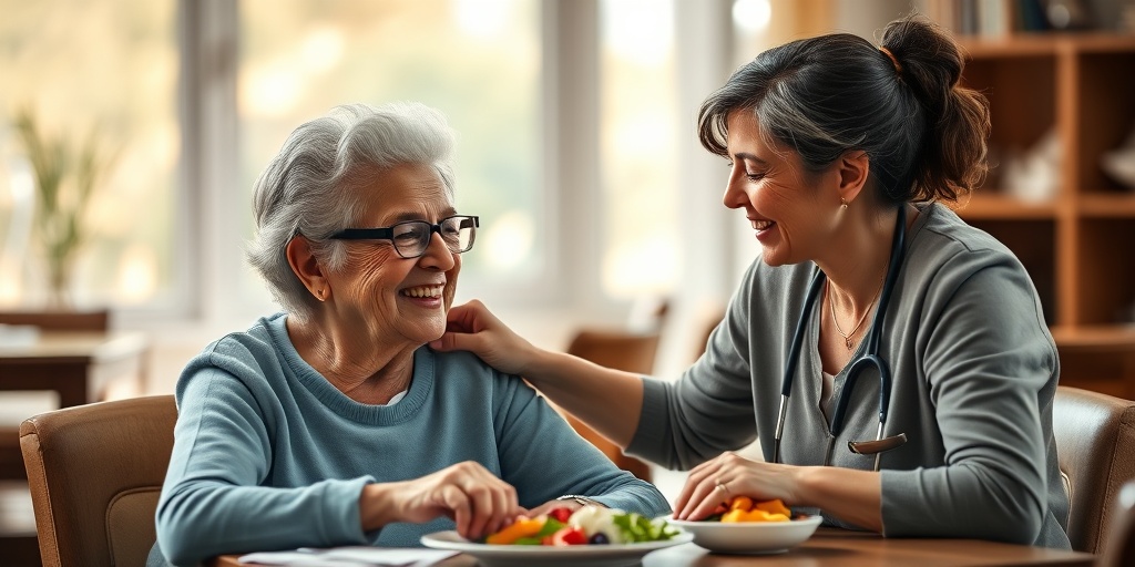 A caregiver supports a stroke survivor at mealtime, capturing the bond and compassion in a cozy, intimate dining area.5.png