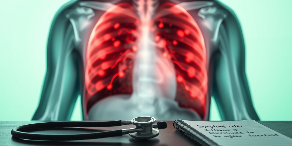 A close-up X-ray reveals tuberculosis signs, with a stethoscope and notepad symbolizing the diagnostic process.  2.png