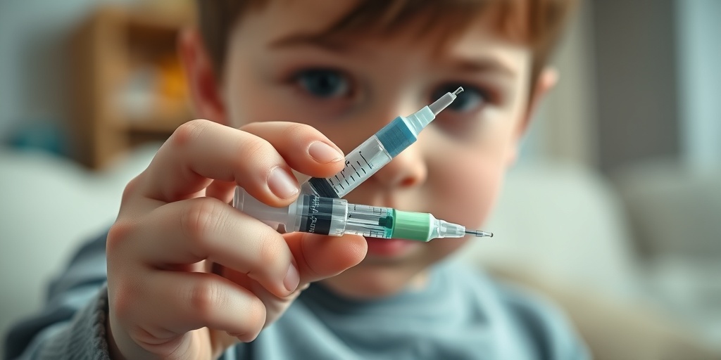 A close-up of a child's hand gripping a growth hormone injection pen, reflecting curiosity and apprehension in a cozy home.  2.png