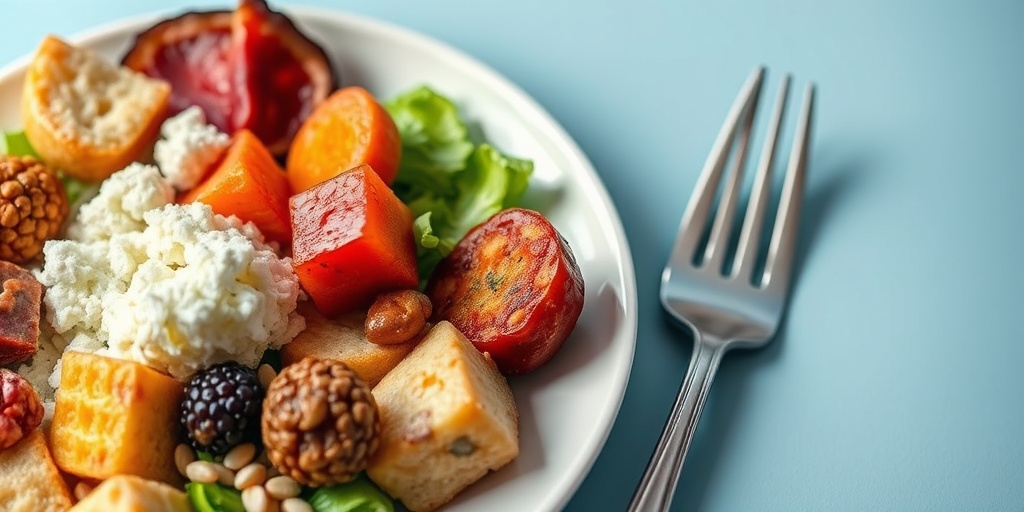A close-up of a colorful plate illustrates post-stroke eating challenges, emphasizing portion control and food consistency.2.png
