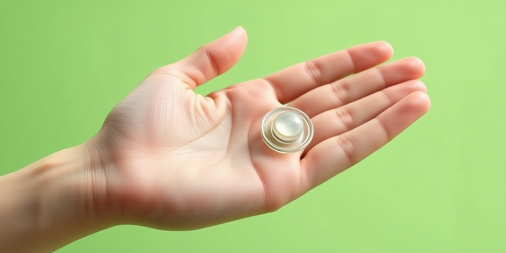 A close-up of a diaphragm contraceptive device being inserted, with a hand demonstrating the technique against a calming green background. 3.png