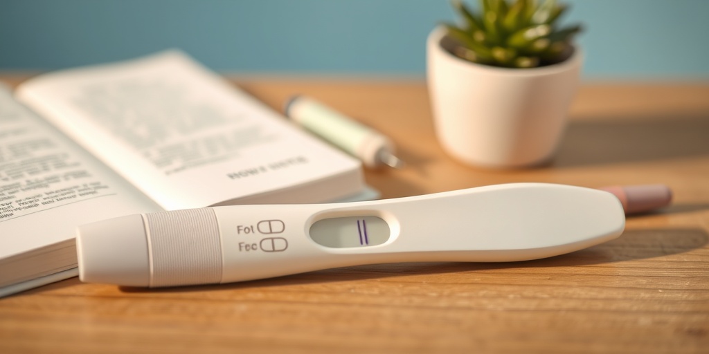 A close-up of a positive pregnancy test on a wooden table, surrounded by supportive elements, creating an emotional and soothing scene.3.png