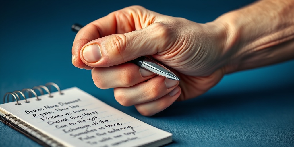 A close-up of a trembling hand gripping a pen, illustrating the struggle of Motor Neuron Disease with intricate skin details.  2.png