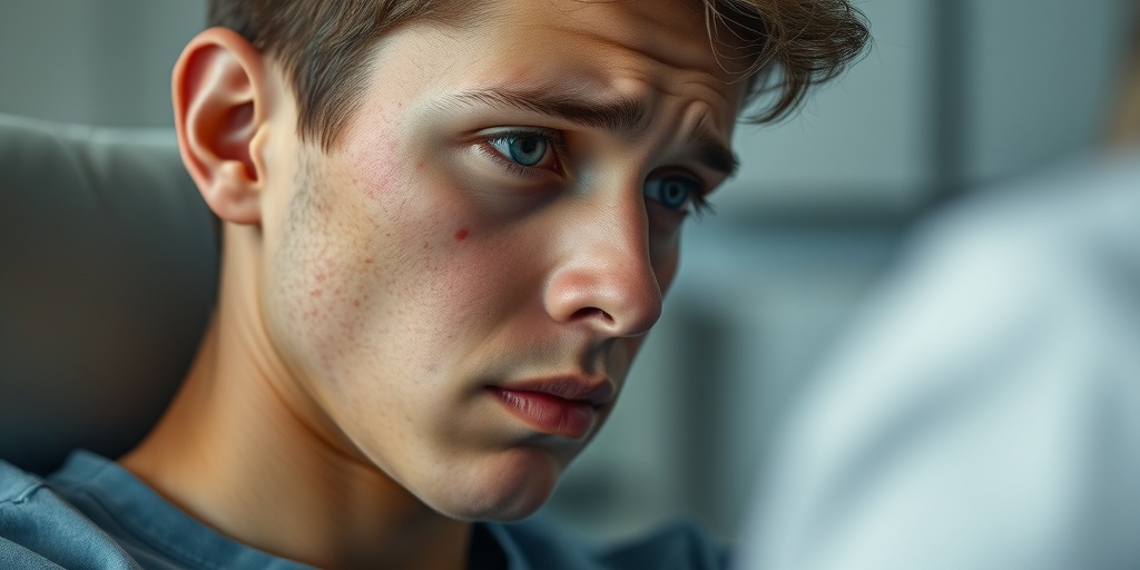 A close-up of a young adult with PKU shows skin rashes and concern in a clinical setting, highlighting emotional struggles.  2.png