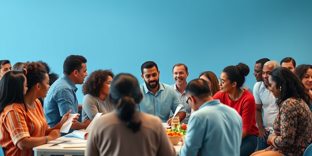 A community health workshop with diverse individuals discussing healthy lifestyle choices, set against a supportive blue-toned background.  5.png