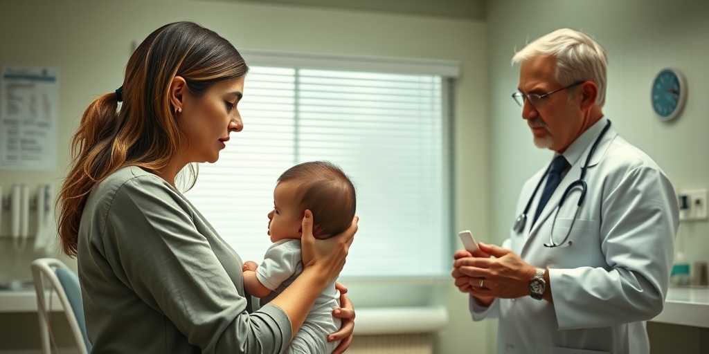 A concerned parent holds their baby in an examination room, while a doctor provides attentive care and guidance.5.png