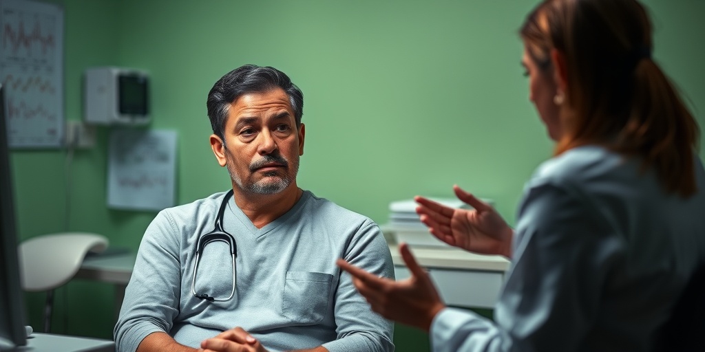 A concerned patient in a doctor's office, illuminated by cinematic lighting, discussing bradycardia with a compassionate medical professional.  2.png