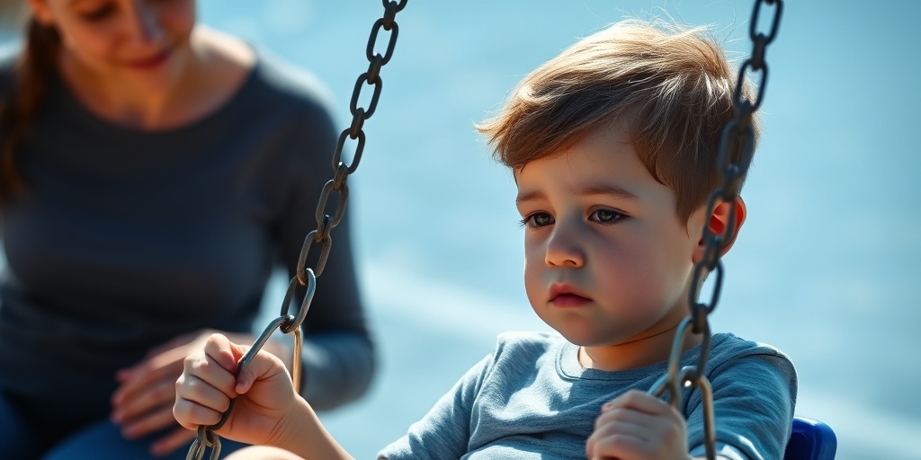 A contemplative child on a swing shows symptoms of Pompe Disease, with a supportive parent nearby.  2.png