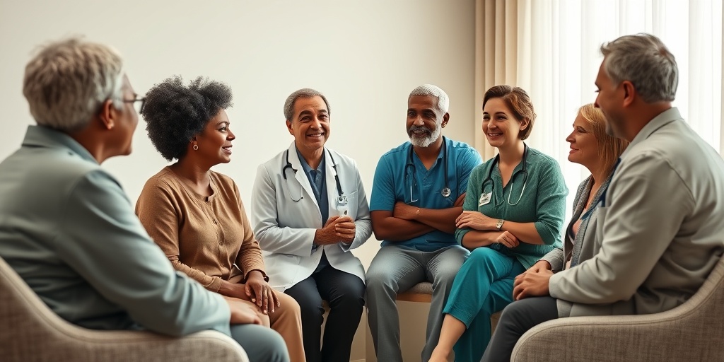 A diverse group discusses Glioblastoma prognosis in a serene consultation room, capturing hope and community support in soft lighting.  4.png