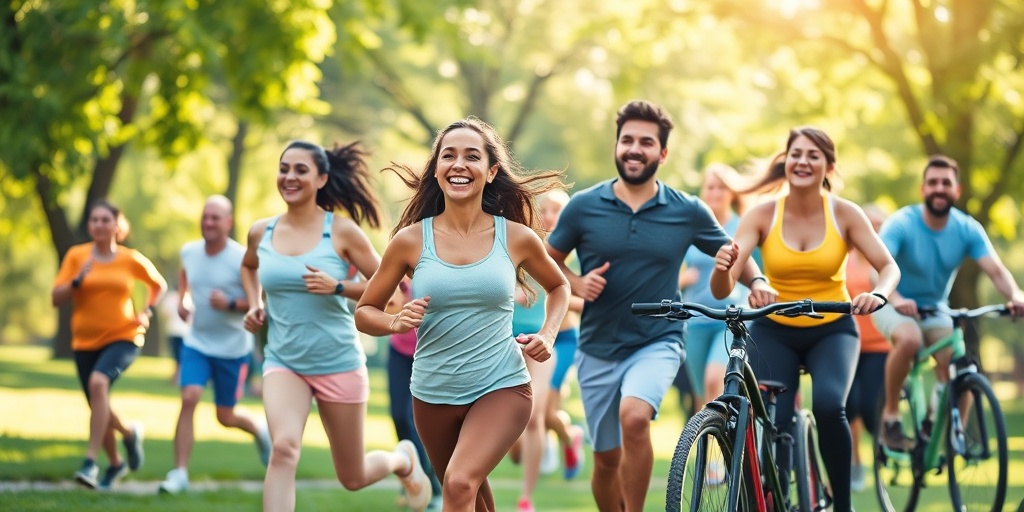 A diverse group enjoys exercise in a vibrant park, radiating joy and vitality through various physical activities.  2.png
