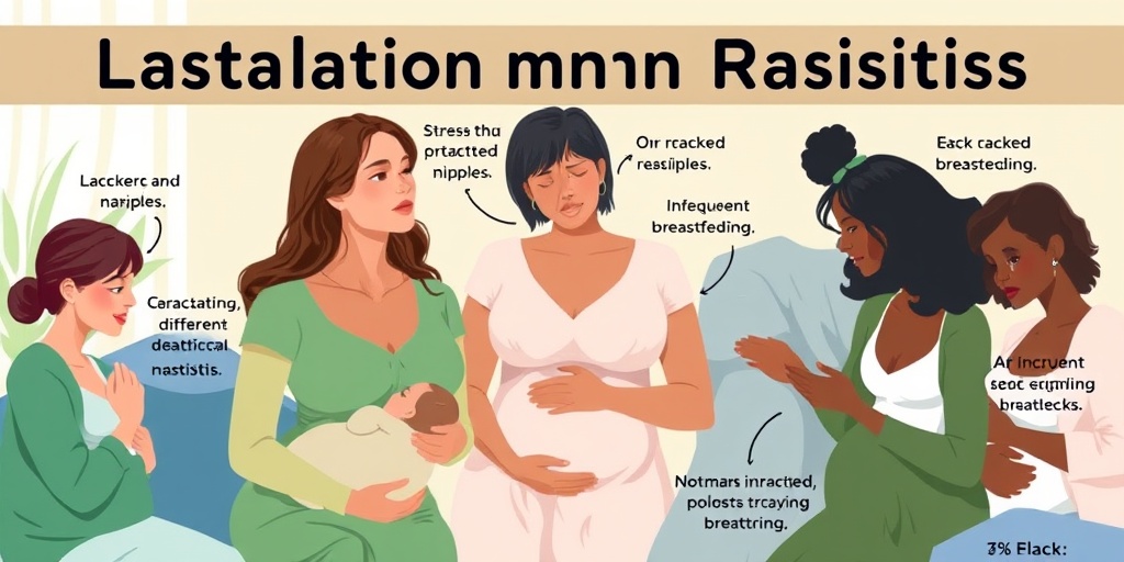 A diverse group of mothers shares experiences of lactation mastitis, emphasizing community support and awareness in soothing colors.3.png