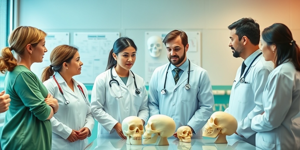 A diverse healthcare team collaborates on an Apert Syndrome treatment plan in a modern clinic, symbolizing hope and teamwork. 4.png