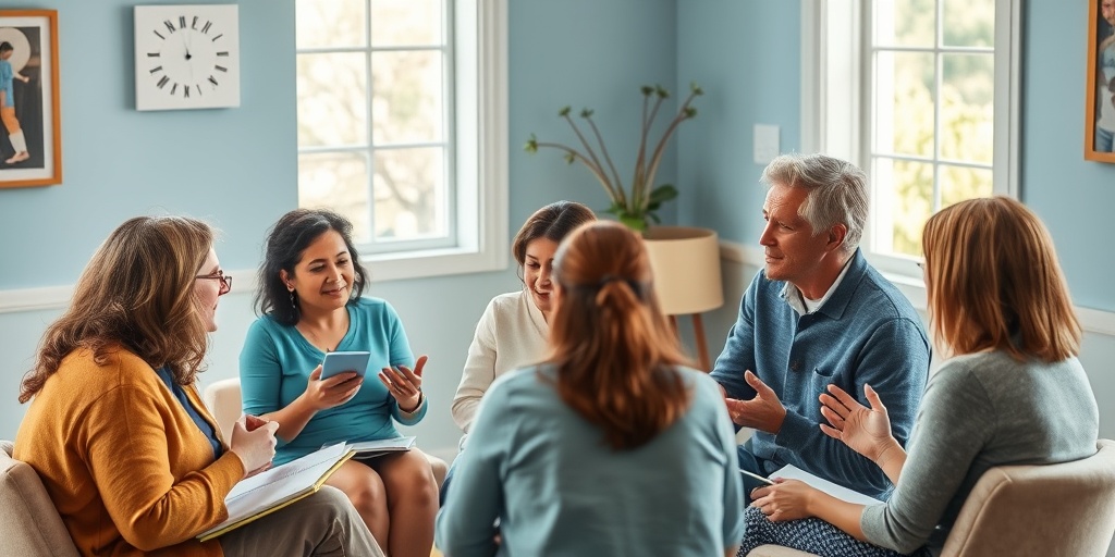 A diverse support group shares experiences in a warm setting, highlighting community and education in managing Gardner Syndrome.  5.png