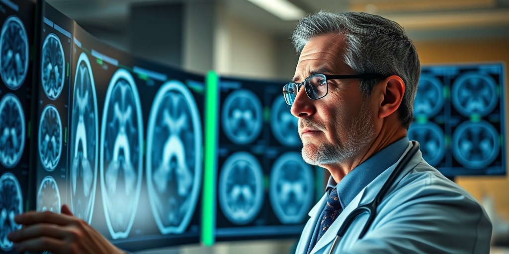 A doctor examines MRI scans for Glioblastoma diagnosis, focused in a modern medical setting with bright, clinical lighting.  3.png