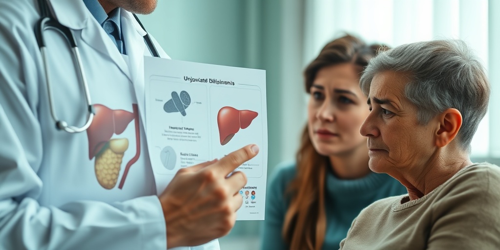 A doctor explains bilirubinemia symptoms to a concerned parent, pointing at an anatomical chart in a supportive consultation.  2.png