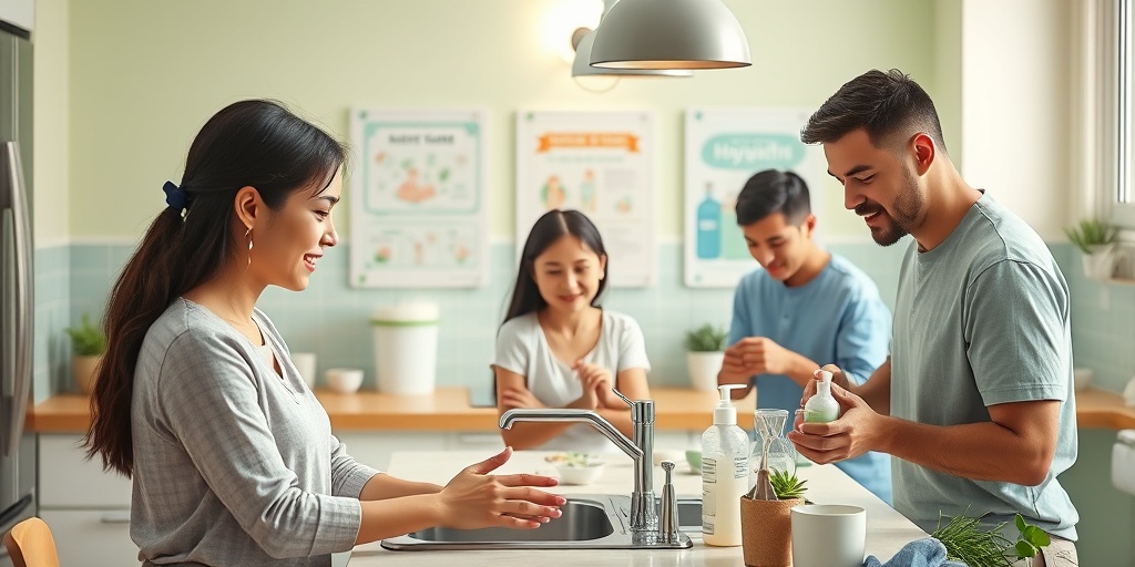 A family practices handwashing in a cheerful kitchen, promoting preventive measures against infections with educational posters. 5.png