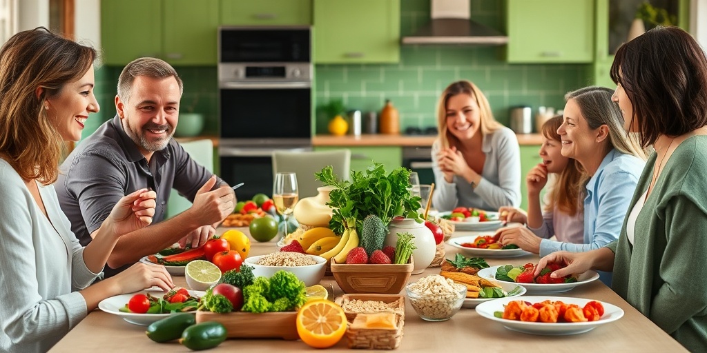 A family shares a colorful, nutritious meal around a beautifully arranged table in a cozy kitchen. 2.png