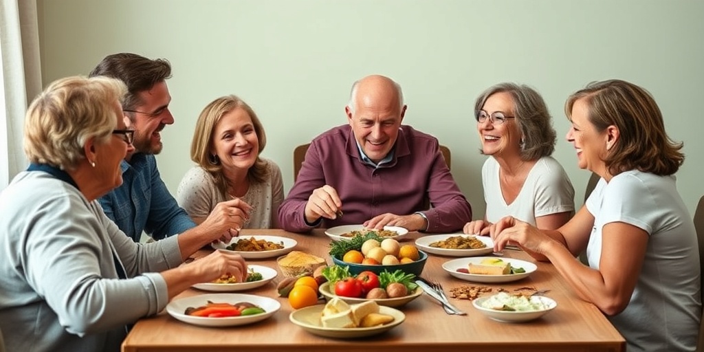 A family shares a meal around a table, showcasing love and support for a loved one with Motor Neuron Disease.  5.png