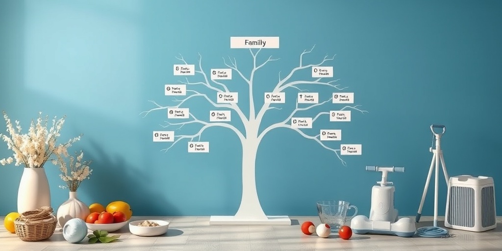 A family tree illustrating genetic markers of Gardner Syndrome, surrounded by healthy lifestyle elements, symbolizing hope and awareness.  3.png