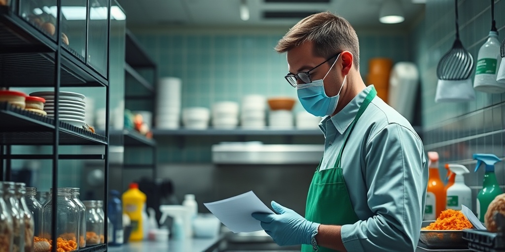 A food safety inspector examining a restaurant kitchen, highlighting hygiene protocols to prevent Norovirus outbreaks.  5.png