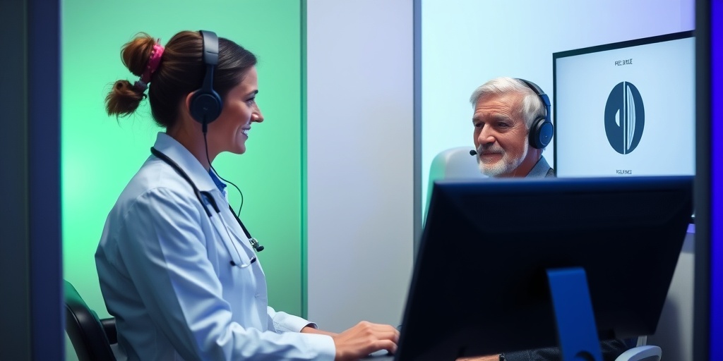 A healthcare professional conducts a hearing test in a modern clinic, emphasizing support and hope for the patient.  4.png
