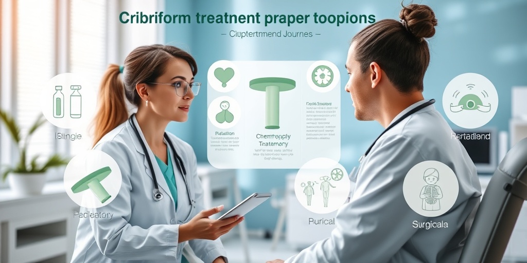 A healthcare professional discusses treatment options with a patient, surrounded by visual representations of therapies in a modern setting.4.png