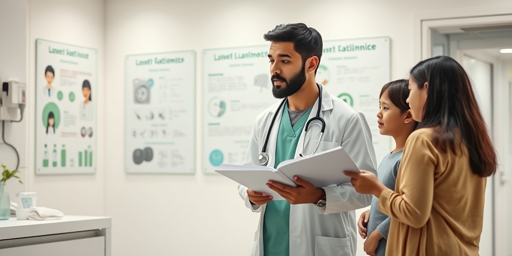 A healthcare professional educating a family about hygiene practices in a bright clinic, emphasizing preventive measures against Epstein-Barr Virus.5.png