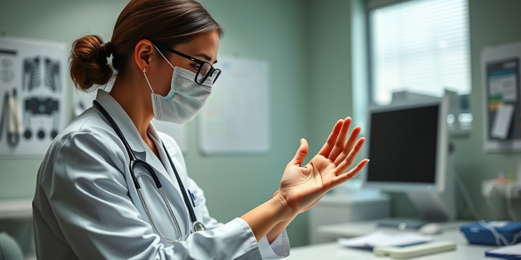 A healthcare professional examines a patient's hands for arachnodactyly in a bright, modern medical office, emphasizing compassion.  3.png
