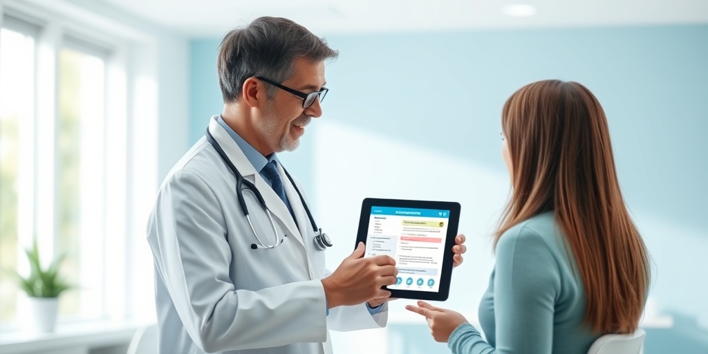 A healthcare professional explains NSAID uses to a patient in a bright clinic, fostering understanding in a soothing atmosphere.  2.png