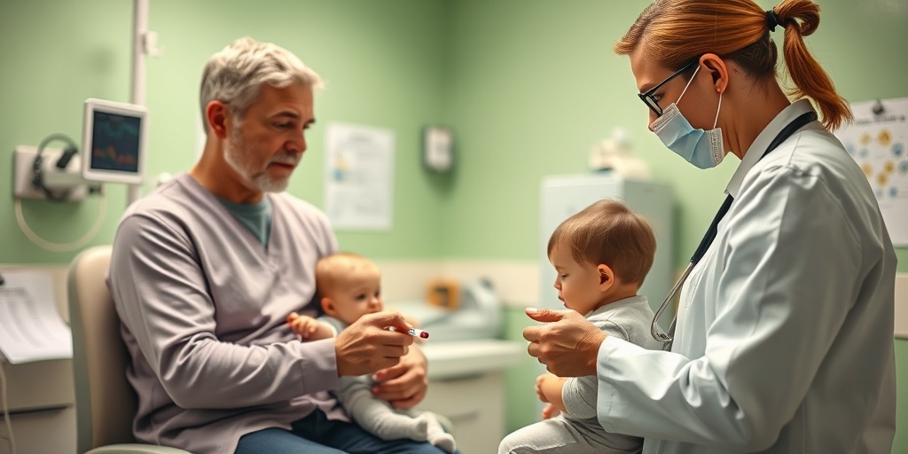 A healthcare professional explains a blood test for PKU to a worried parent and child in a modern medical environment.  3.png