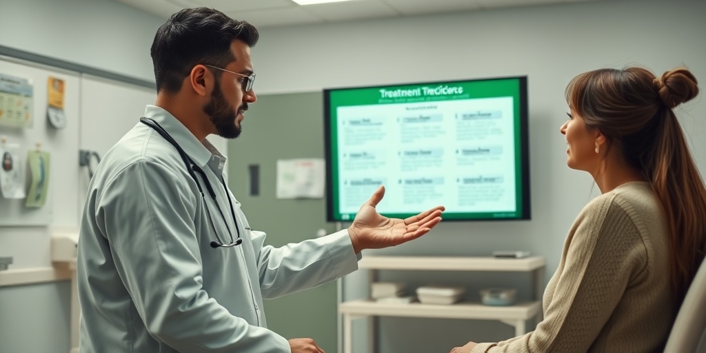 A healthcare professional explains treatment options to a concerned parent in a modern clinic, fostering hope and support.  4.png