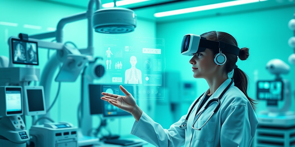 A healthcare professional uses advanced technology in a futuristic medical setting, symbolizing the future of patient care.  5.png