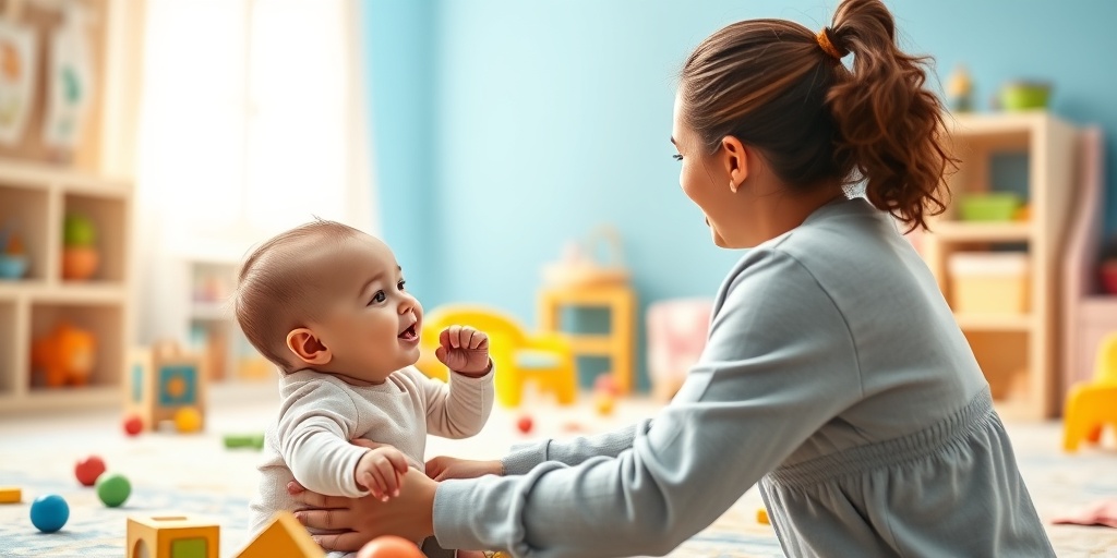 A joyful moment captures a baby reaching milestones in a bright playroom, filled with colorful toys and warm light.2.png