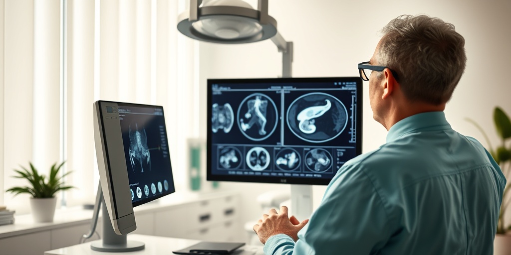 A medical professional analyzes imaging scans of tumors in a modern office, emphasizing the diagnostic process's seriousness.  3.png