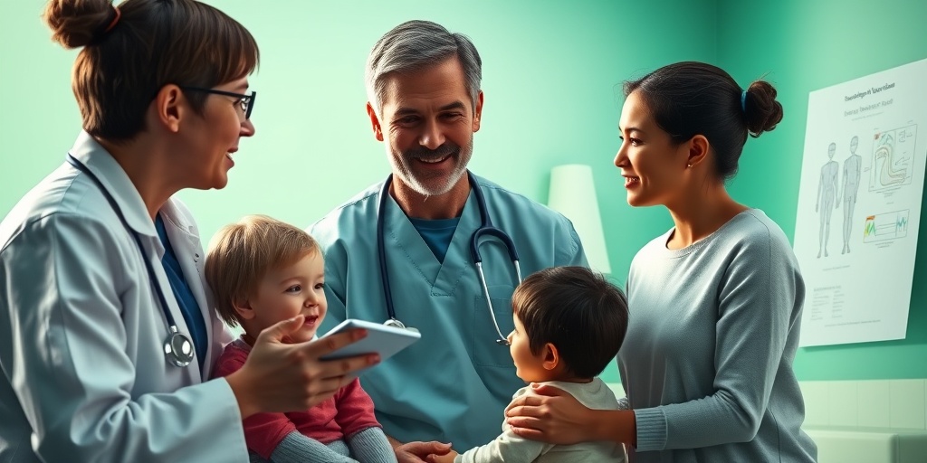 A medical professional discusses Noonan Syndrome treatment options with a family in a calming clinical environment.  4.png