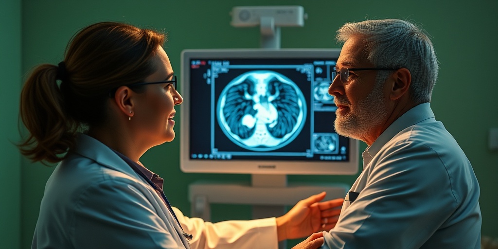 A medical professional examines a CT scan of pleura, capturing a moment of diagnosis in a serene environment.  4.png