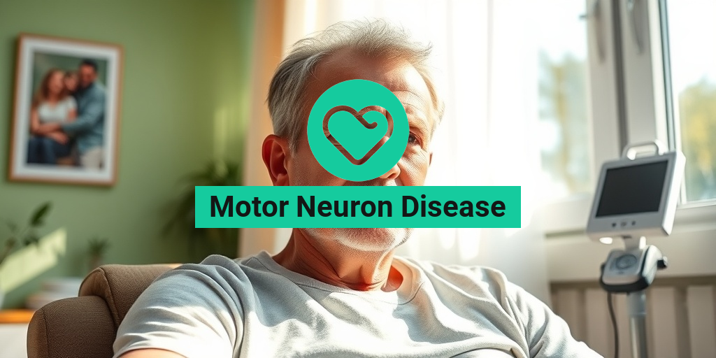 A middle-aged man sits determinedly in a sunlit room, reflecting resilience despite early Motor Neuron Disease signs. • Yesil Health AI